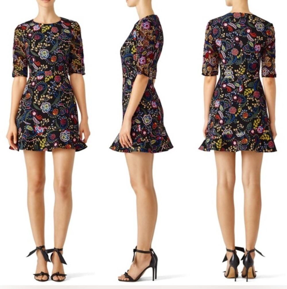SALONI Celia Floral Fit & Flare Mini Dress Black Multicolor Size 6 Wedding Guest